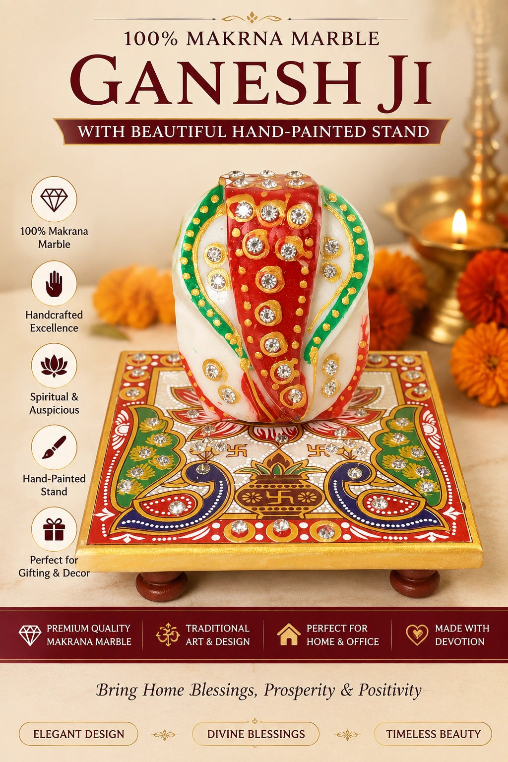 Ganesh Ji – Pure Makrana Marble with Hand-Painted Stand