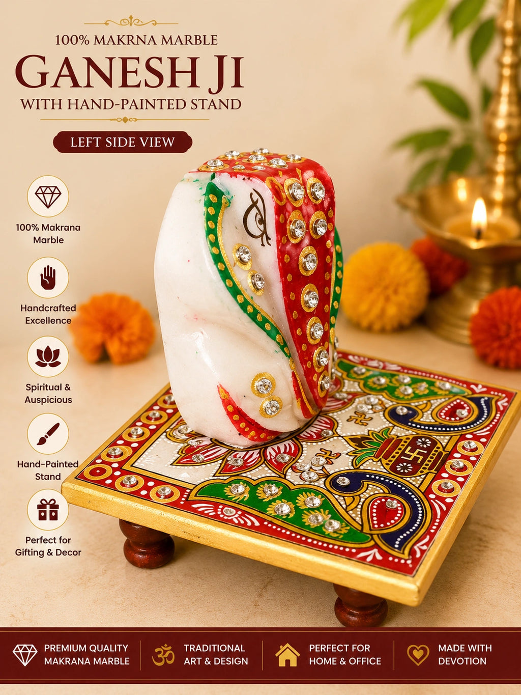 Ganesh Ji – Pure Makrana Marble with Hand-Painted Stand