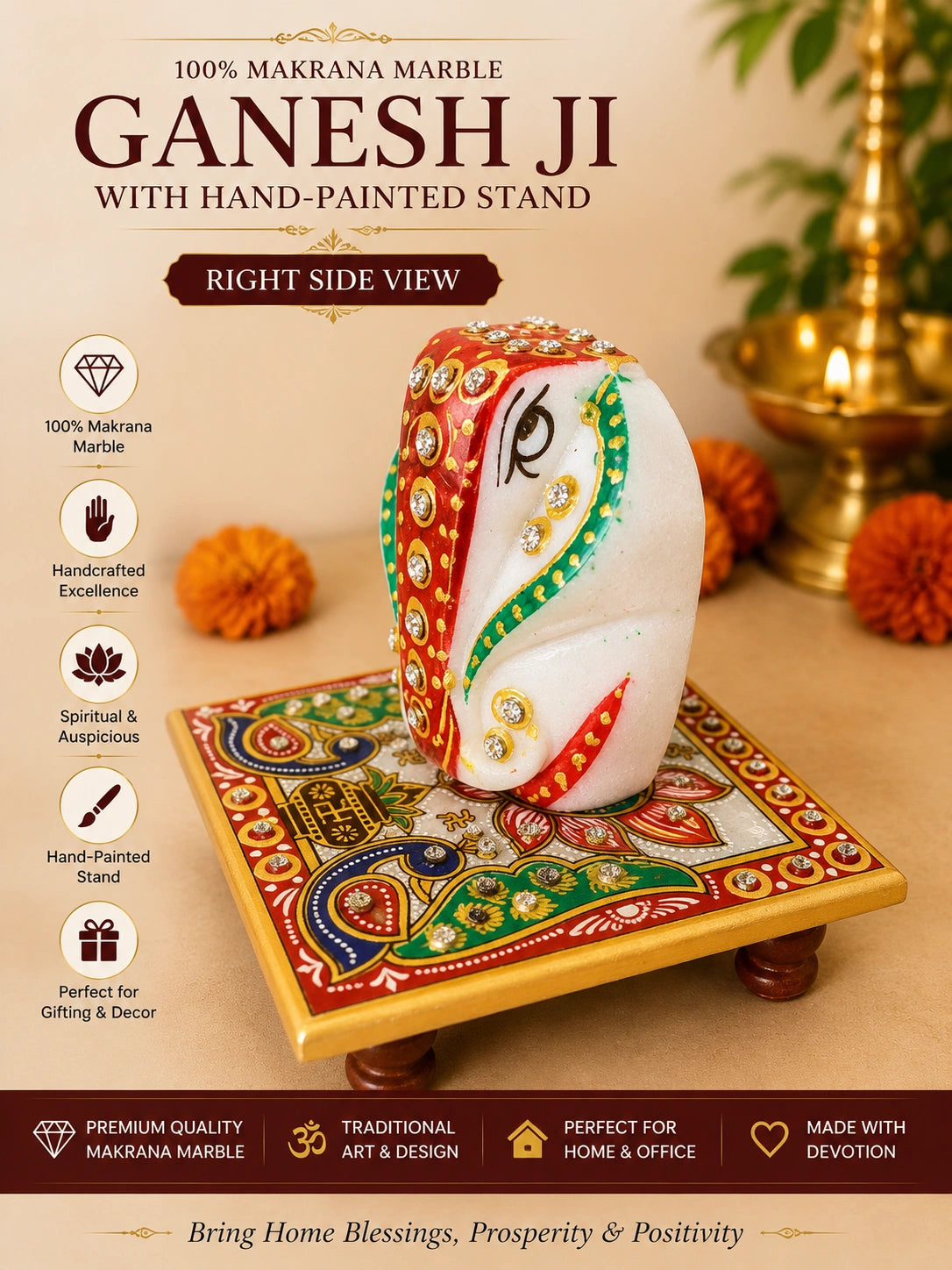 Ganesh Ji – Pure Makrana Marble with Hand-Painted Stand