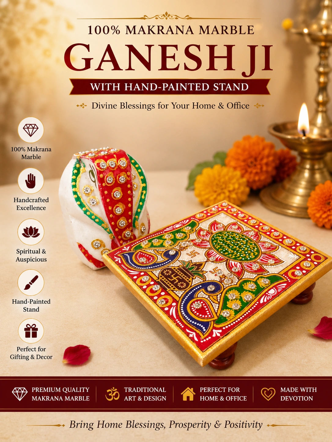 Ganesh Ji – Pure Makrana Marble with Hand-Painted Stand