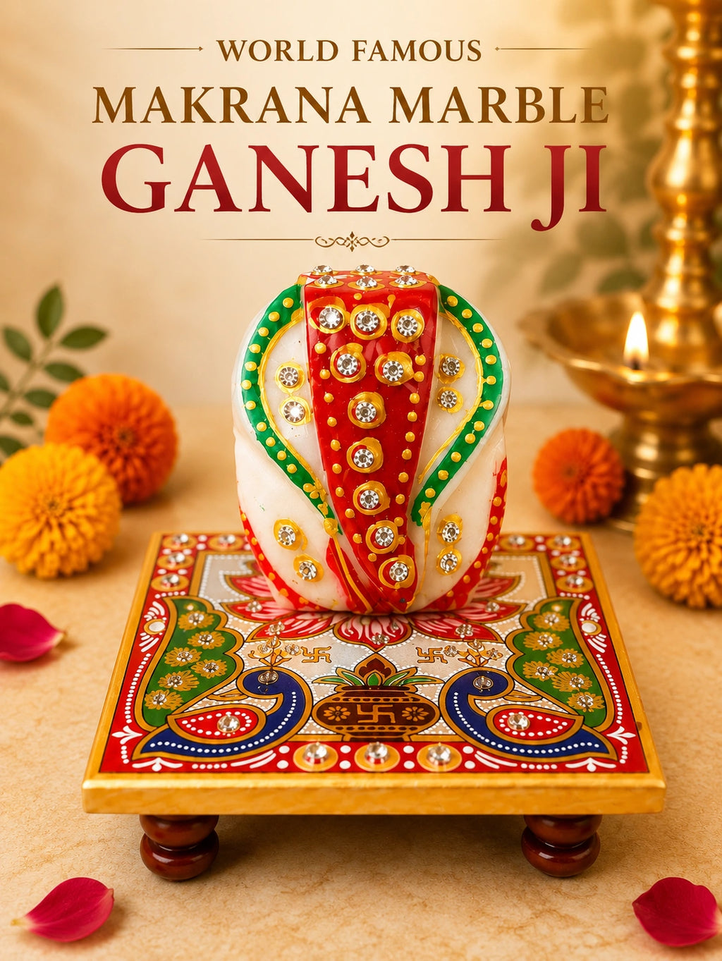 Ganesh Ji – Pure Makrana Marble with Hand-Painted Stand