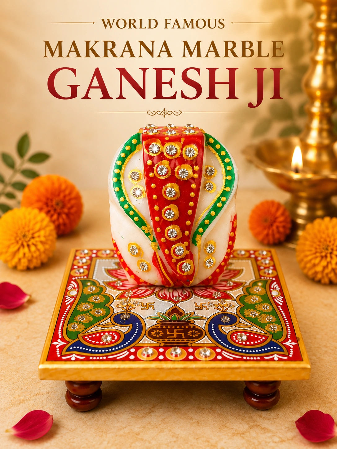 Ganesh Ji – Pure Makrana Marble with Hand-Painted Stand