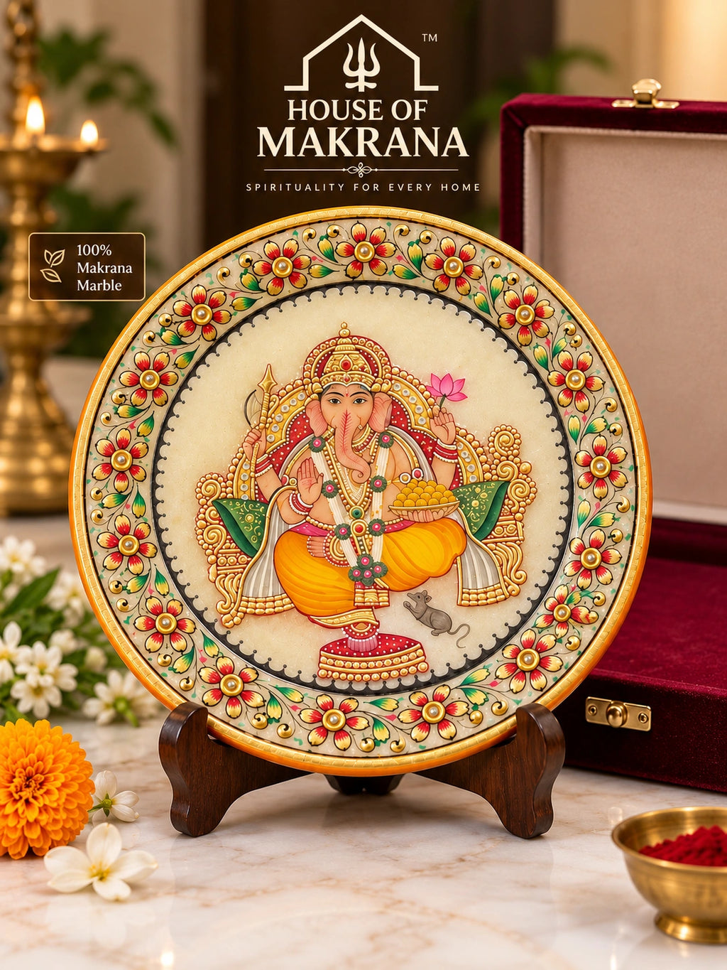 Ganesh Ji Plate – Pure Makrana Marble with Hand-Painted