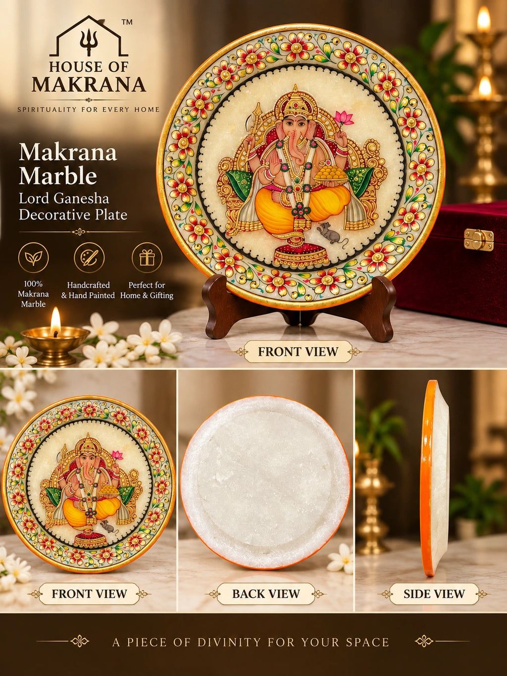Ganesh Ji Plate – Pure Makrana Marble with Hand-Painted