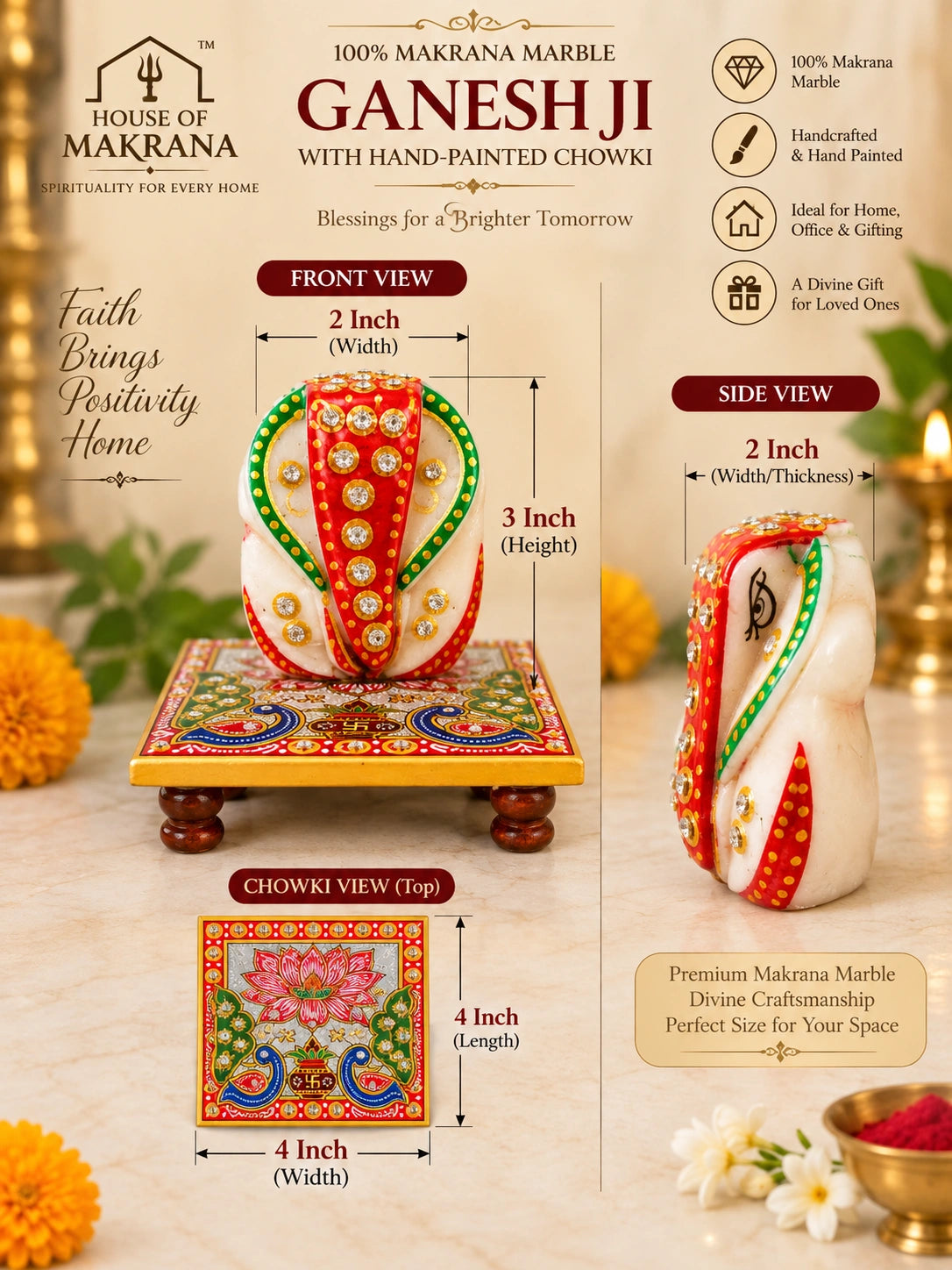 Ganesh Ji – Pure Makrana Marble with Hand-Painted Stand