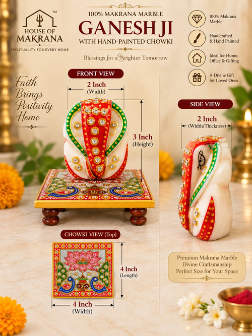 Ganesh Ji – Pure Makrana Marble with Hand-Painted Stand
