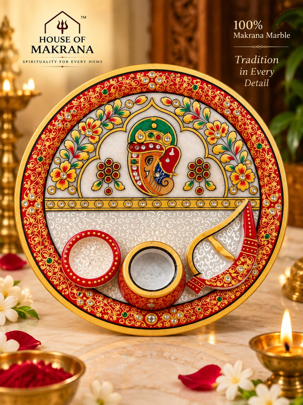 Pooja Thali – Pure Makrana Marble, Hand-Painted Traditional Design