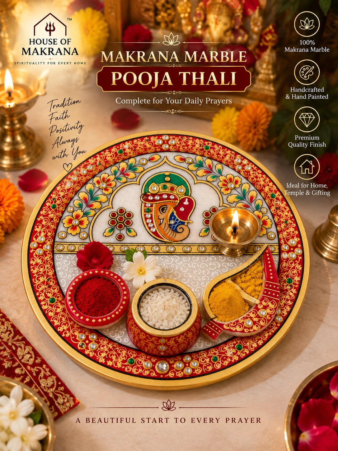 Pooja Thali – Pure Makrana Marble, Hand-Painted Traditional Design