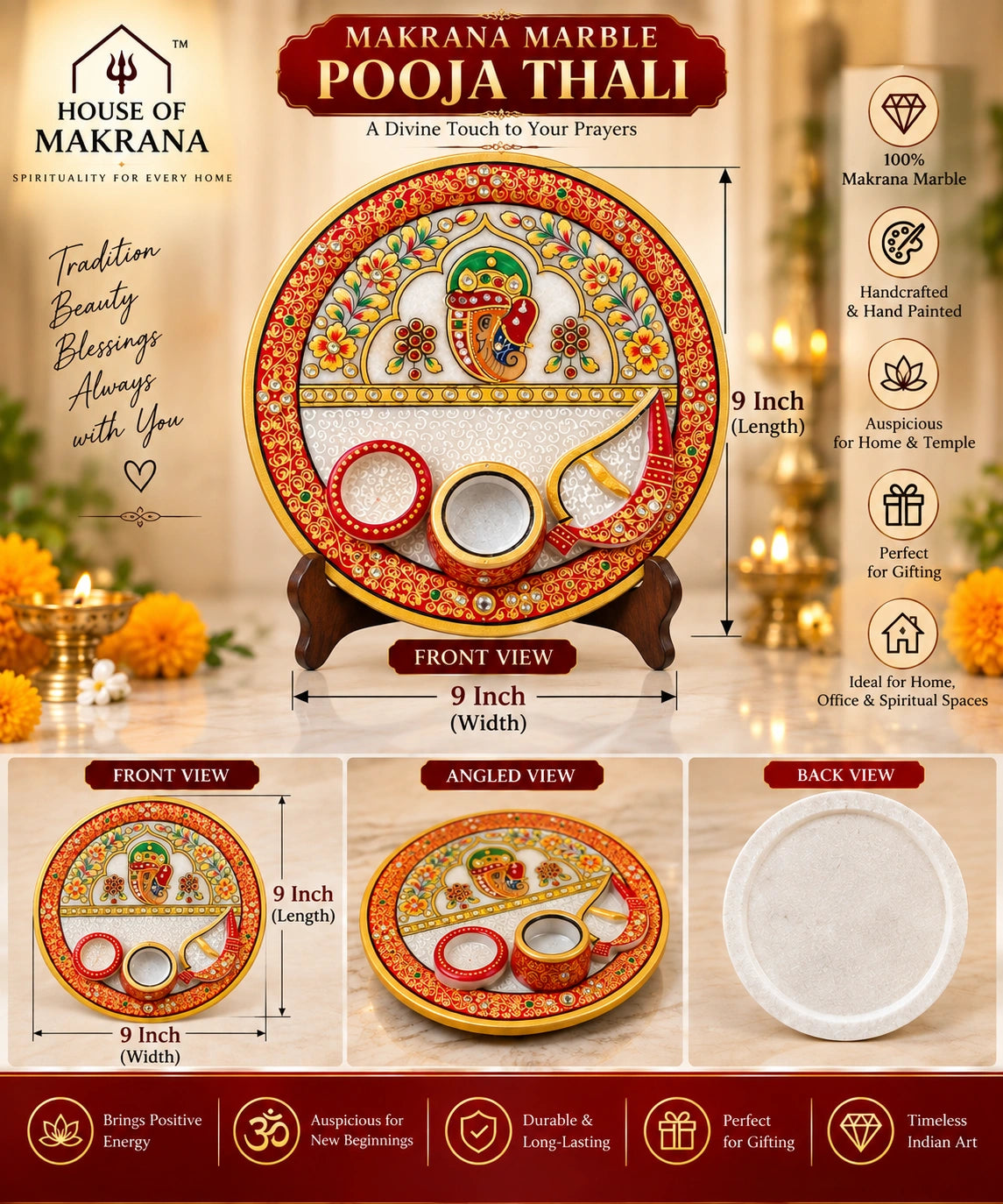Pooja Thali – Pure Makrana Marble, Hand-Painted Traditional Design
