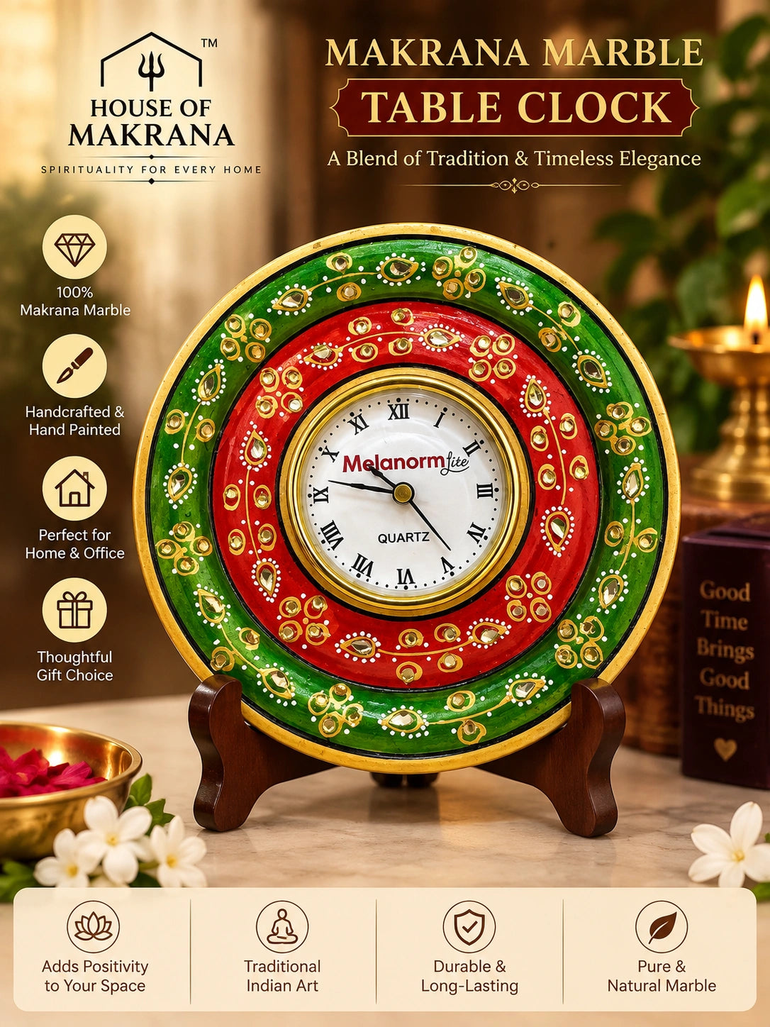 Table Clock – Pure Makrana Marble, Hand-Painted Decorative Clock