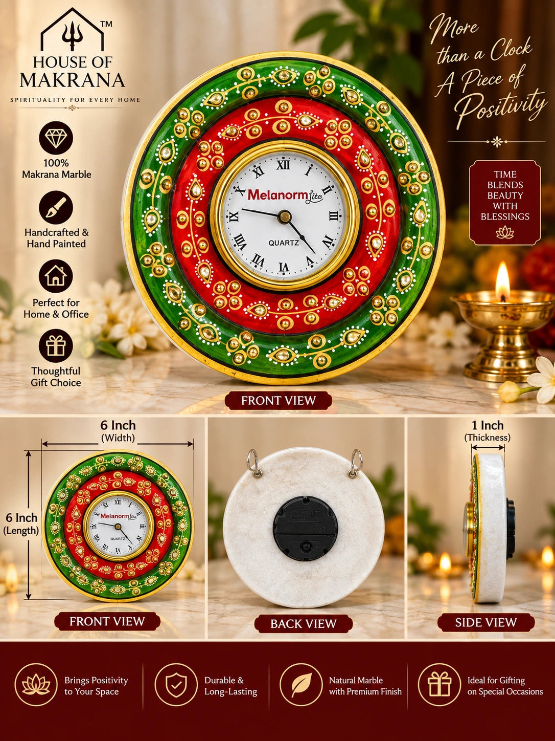 Table Clock – Pure Makrana Marble, Hand-Painted Decorative Clock
