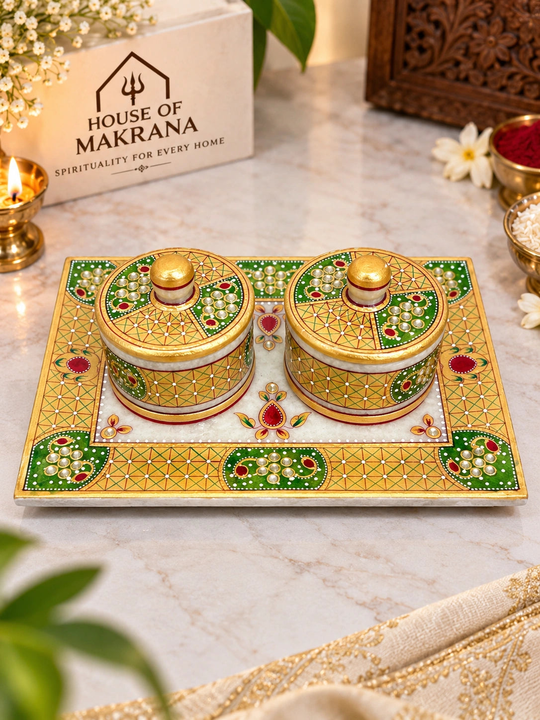 Saunf & Dry Fruit Box – Pure Makrana Marble, Hand-Painted