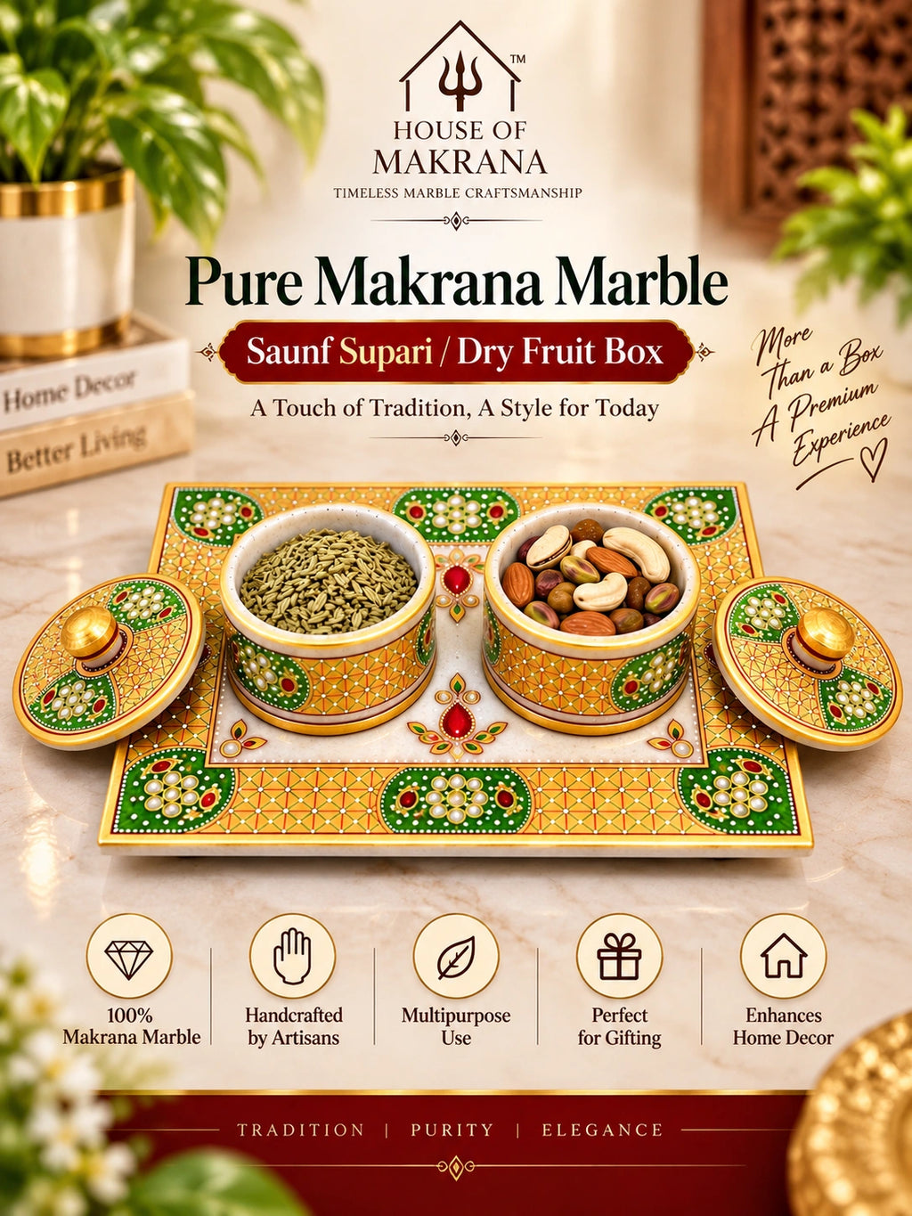 Saunf & Dry Fruit Box – Pure Makrana Marble, Hand-Painted