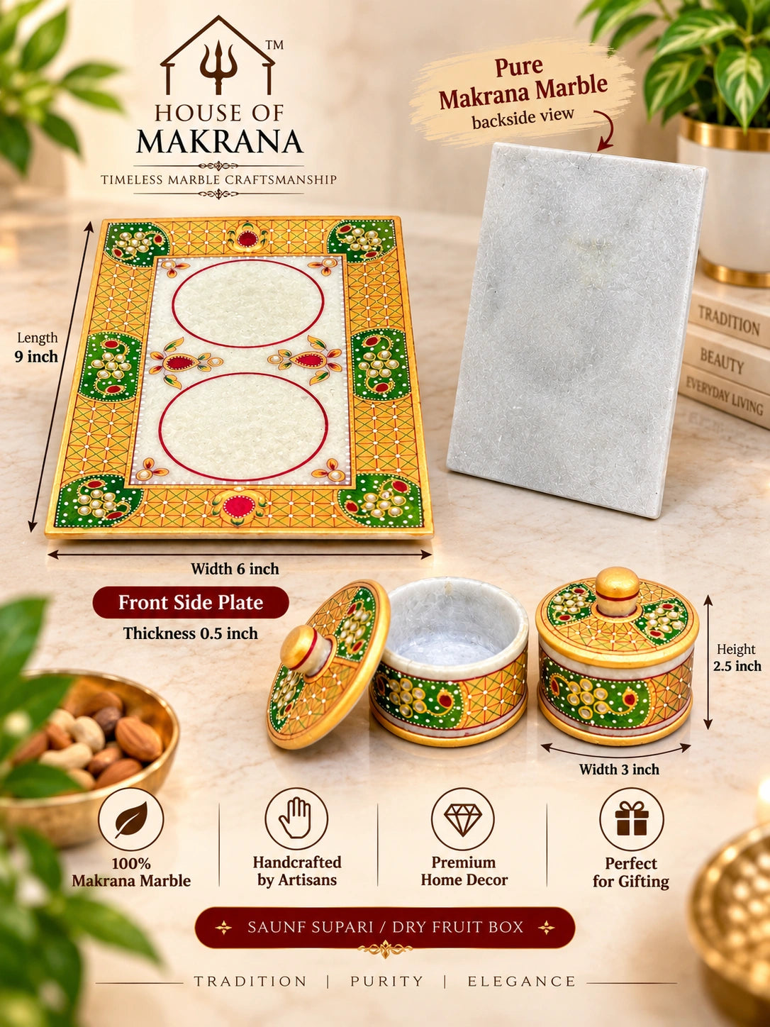 Saunf & Dry Fruit Box – Pure Makrana Marble, Hand-Painted