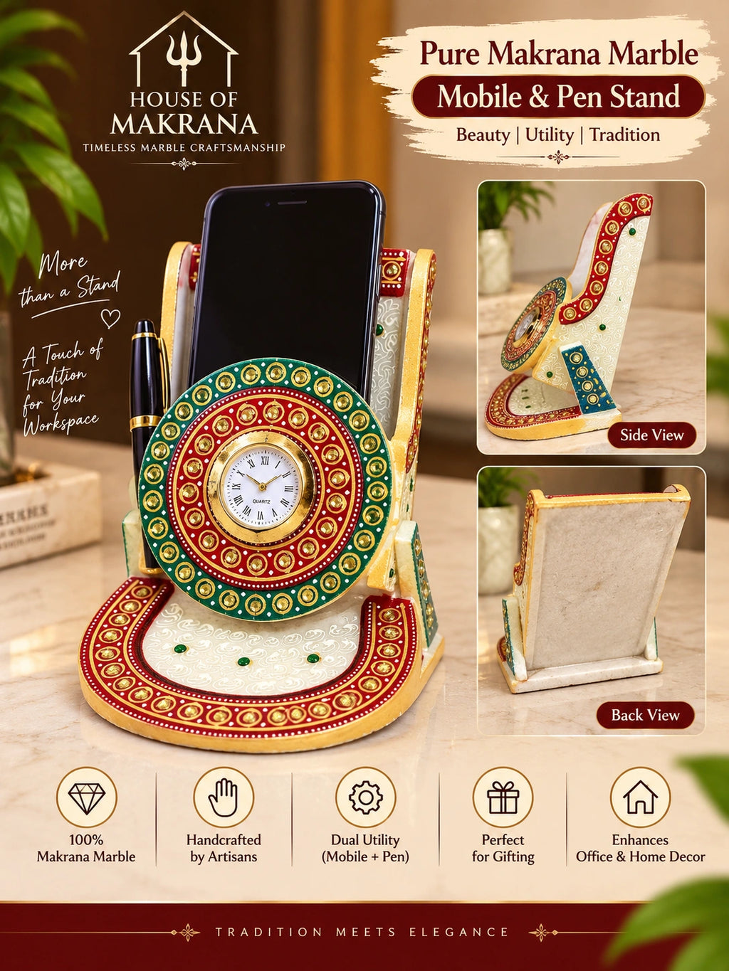 Mobile & Pen Stand – Pure Makrana Marble, Hand-Painted