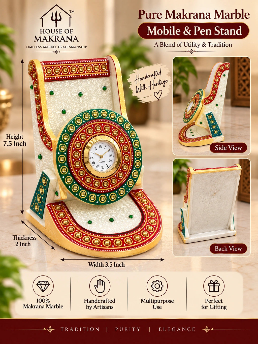 Mobile & Pen Stand – Pure Makrana Marble, Hand-Painted