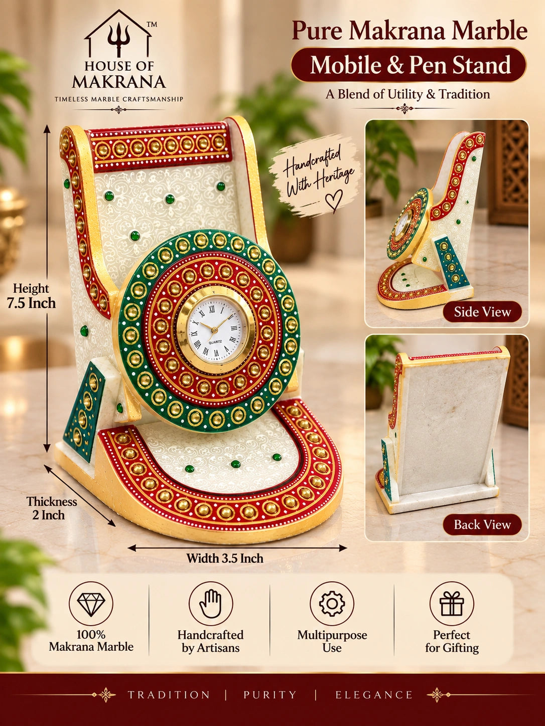 Mobile & Pen Stand – Pure Makrana Marble, Hand-Painted