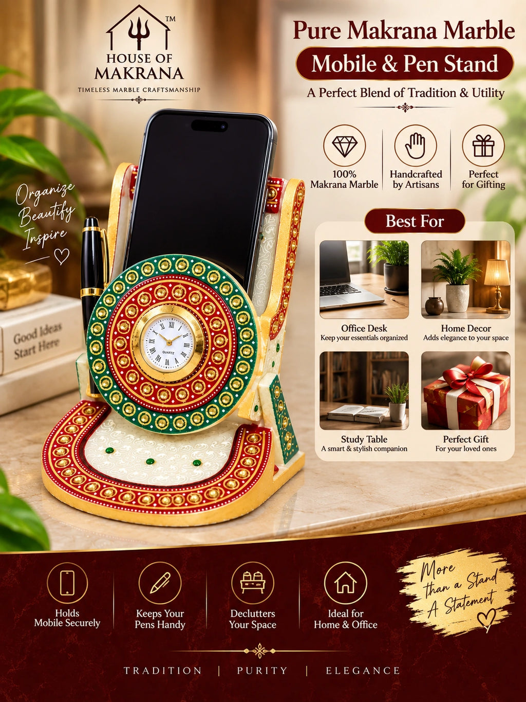 Mobile & Pen Stand – Pure Makrana Marble, Hand-Painted