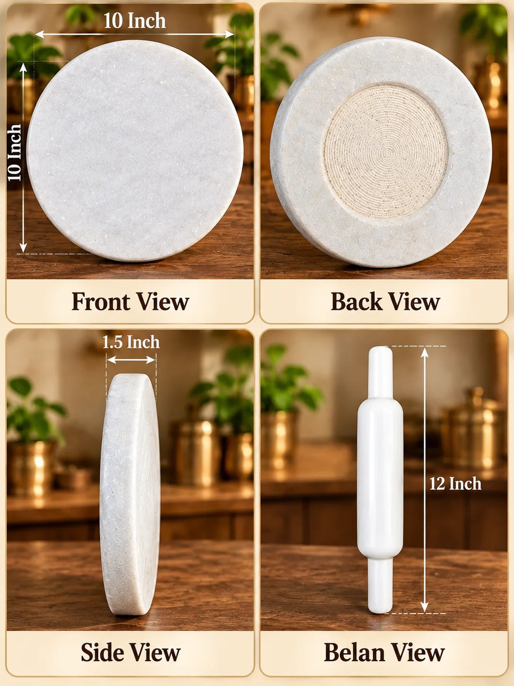 Chakla & Belan Set – Pure Makrana Marble, 10 Inch Chakla + 12 Inch Belan